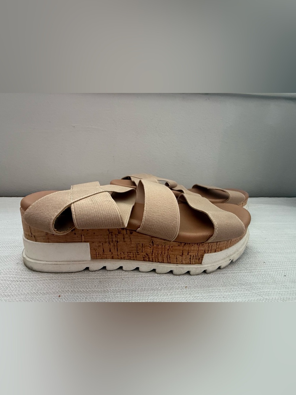 Neutral Beige Cork Platform Slide Sandals with Elastic Cross Straps